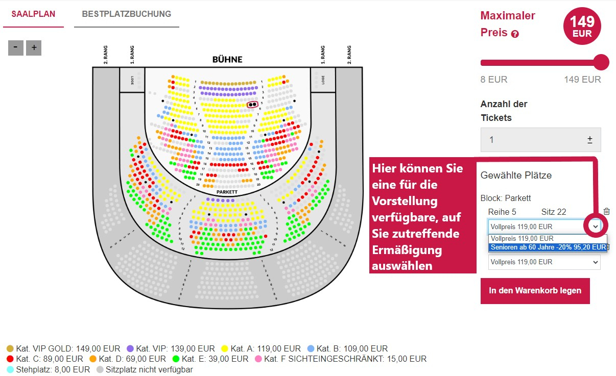 Saalplanbuchung Sitzplatzauswahl Ermäßigung ©Vereinigte Bühnen Wien