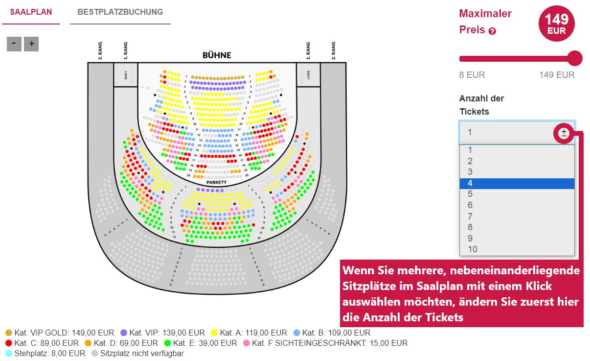 Saalplanbuchung Sitzplatzauswahl Anzahl ©Vereinigte Bühnen Wien